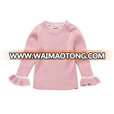 Solid Pink Latest Cute Fashion Flare Sleeve Design Pullover Sweater For Girls